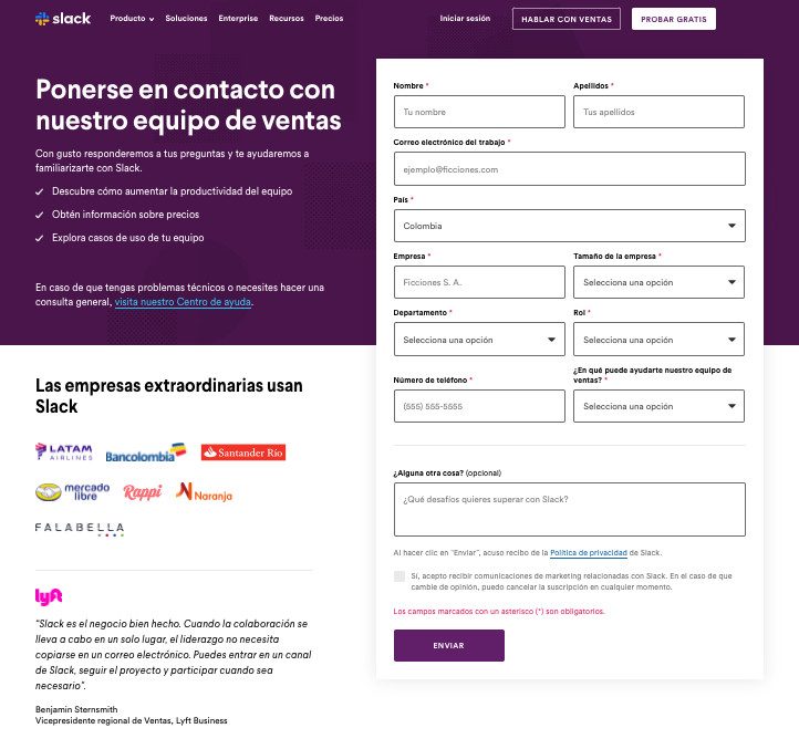 Página de contacto secciones página web