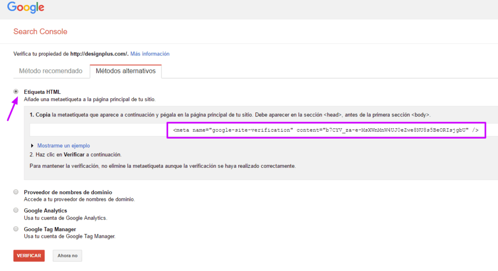 Los 4 pasos para instalar y manejar Google Search Console 5 Etiqueta html Google Search Console